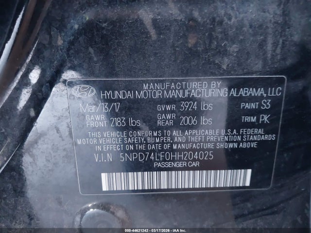 5NPD74LF0HH204025 Hyundai ELANTRA SE