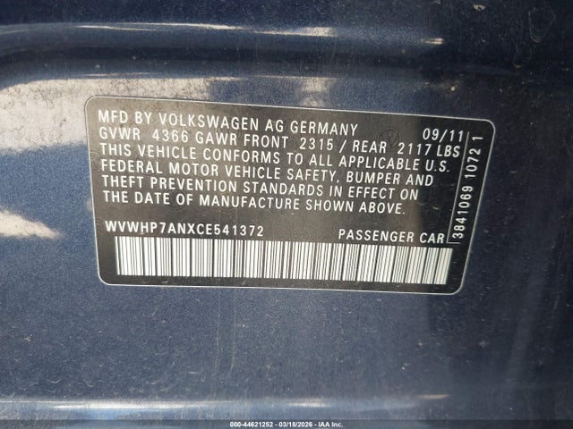 Aukcja sprzedaży 2012 Volkswagen Cc Lux Plus, vin: WVWHP7ANXCE541372, numer aukcji: 44621252