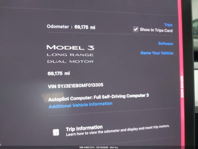 Aukcja sprzedaży 2021 Tesla Model 3 Long Range Dual Motor All-wheel Drive, vin: 5YJ3E1EB0MF013305, numer aukcji: 44621274