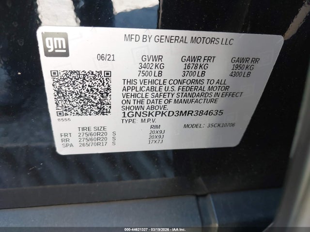 1GNSKPKD3MR384635 Chevrolet Tahoe 4wd Z71