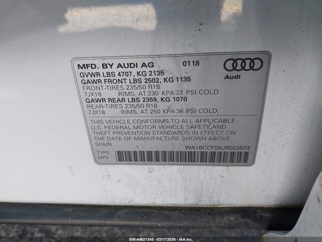 44621345 :رقم المزاد ، WA1BCCFS6JR023574 vin ، 2018 Audi Q3 2.0t Premium/2.0t Sport Premium مزاد بيع