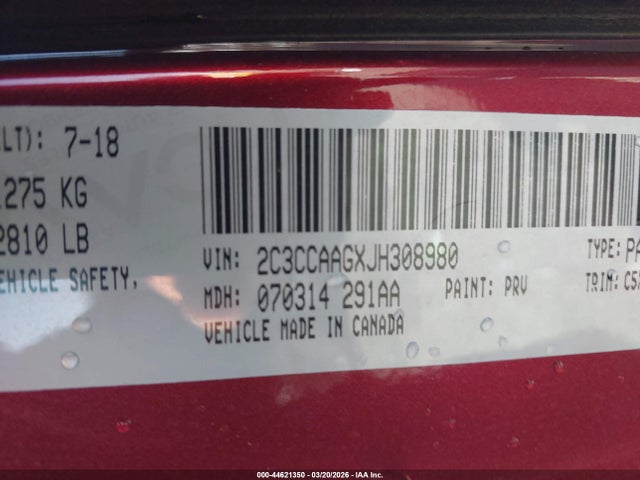 Aukcja sprzedaży 2018 Chrysler 300 Touring, vin: 2C3CCAAGXJH308980, numer aukcji: 44621350