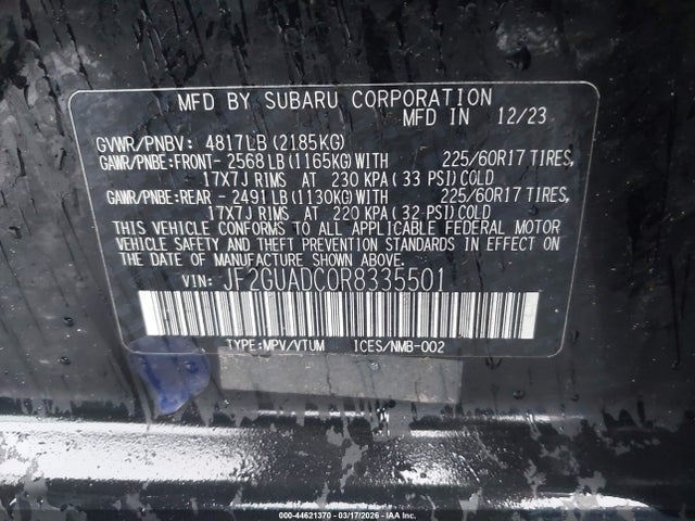 2024 Subaru Crosstrek Premium მანქანა იყიდება აუქციონზე, vin: JF2GUADC0R8335501, აუქციონის ნომერი: 44621370