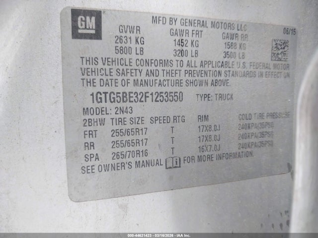 Продажа на аукционе авто 2015 Gmc Canyon Sle, vin: 1GTG5BE32F1253550, номер лота: 44621423