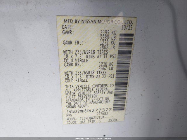 Aukcja sprzedaży 2015 Nissan Murano Sv, vin: 5N1AZ2MH8FN277377, numer aukcji: 44621438