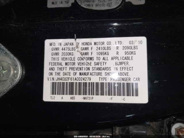 44621439 :رقم المزاد ، JH4CU2F61AC024279 vin ، 2010 Acura Tsx 2.4 مزاد بيع