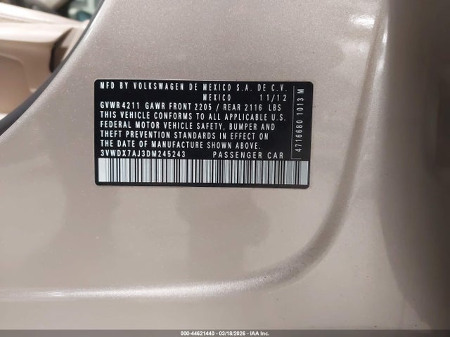 Продаж на аукціоні авто 2013 Volkswagen Jetta Se, vin: 3VWDX7AJ3DM245243, номер лоту: 44621440