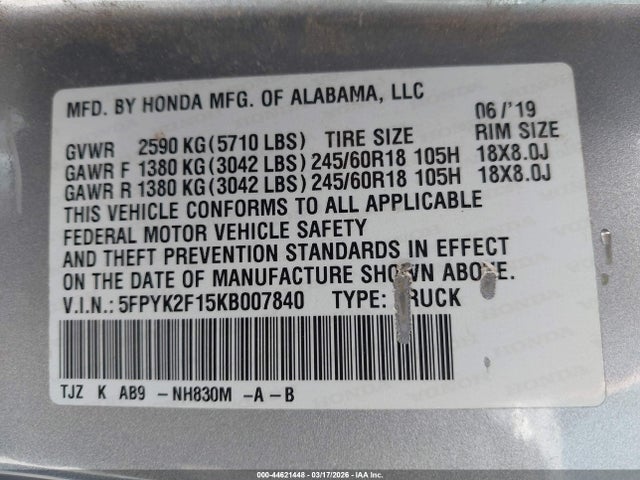 Продажа на аукционе авто 2019 Honda Ridgeline Sport, vin: 5FPYK2F15KB007840, номер лота: 44621448