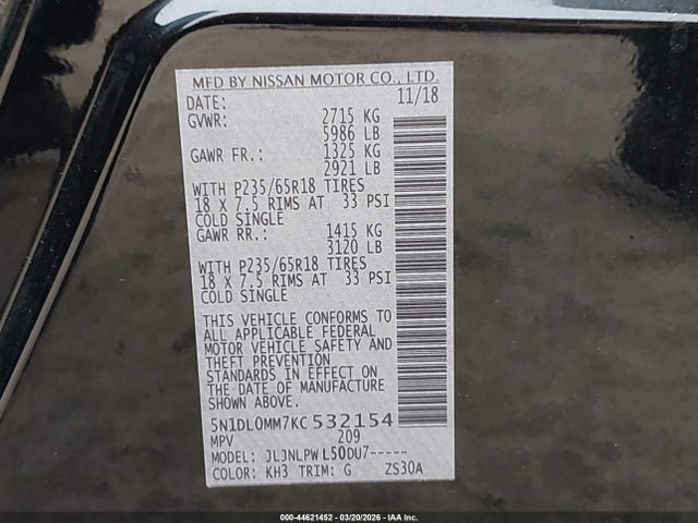 Продажа на аукционе авто 2019 Infiniti Qx60 Pure, vin: 5N1DL0MM7KC532154, номер лота: 44621452