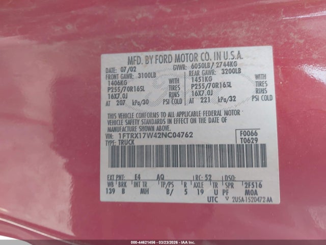 Продаж на аукціоні авто 2002 Ford F-150 Lariat/xl/xlt, vin: 1FTRX17W42NC04762, номер лоту: 44621456