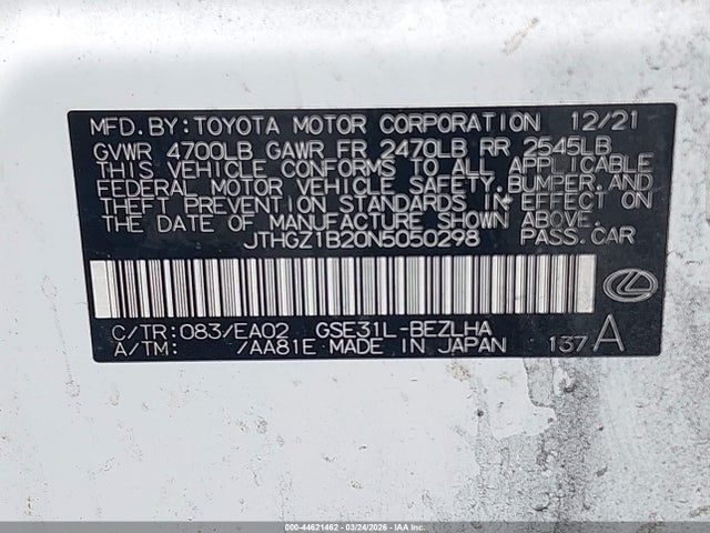 44621462 :رقم المزاد ، JTHGZ1B20N5050298 vin ، 2022 Lexus Is 350 F Sport مزاد بيع