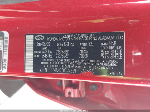 Продажа на аукционе авто 2023 Hyundai Tucson Sel, vin: 5NMJBCAE9PH218653, номер лота: 44621473