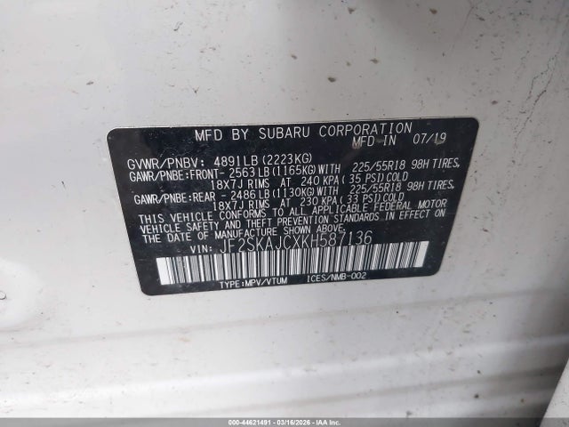 Продаж на аукціоні авто 2019 Subaru Forester Sport, vin: JF2SKAJCXKH587136, номер лоту: 44621491