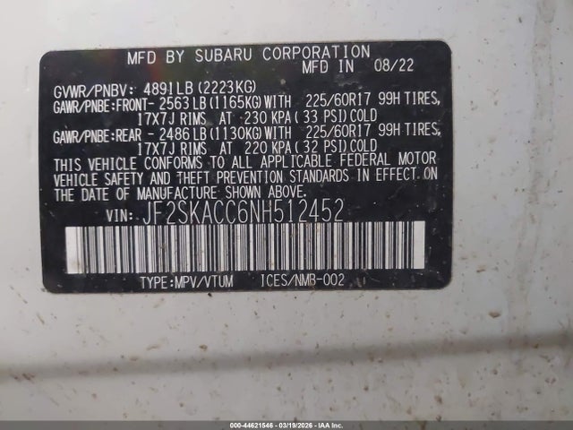 Продаж на аукціоні авто 2022 Subaru Forester, vin: JF2SKACC6NH512452, номер лоту: 44621546