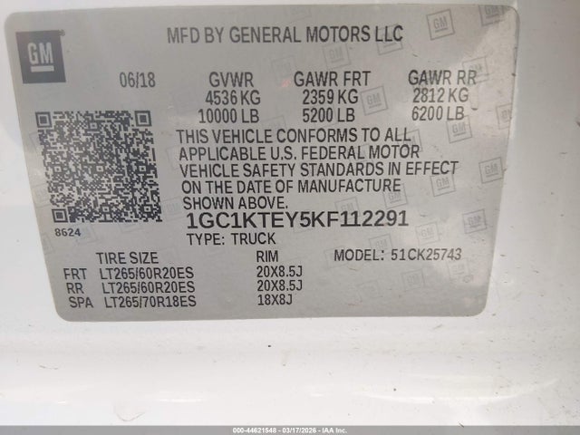 Продаж на аукціоні авто 2019 Chevrolet Silverado 2500hd Ltz, vin: 1GC1KTEY5KF112291, номер лоту: 44621548