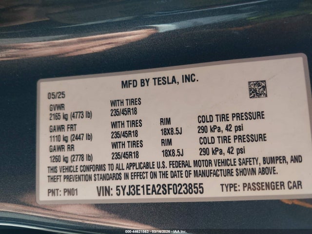 Продажа на аукционе авто 2025 Tesla Model 3 Long Range Rear-wheel Drive/standard Rear-wheel Drive, vin: 5YJ3E1EA2SF023855, номер лота: 44621563