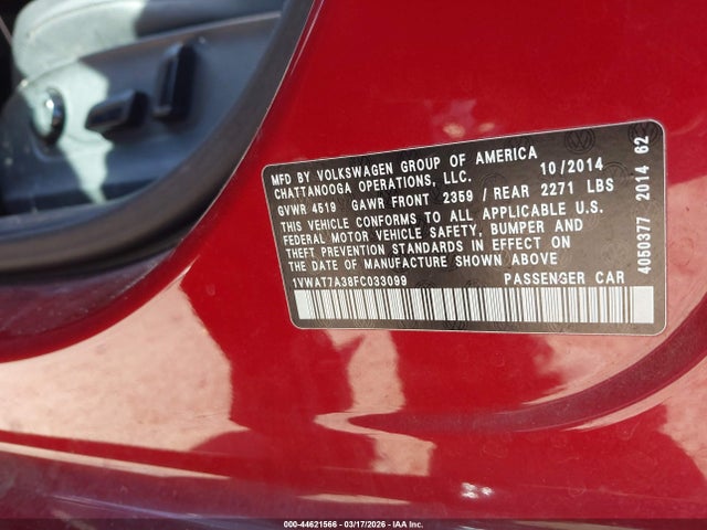 44621566 :رقم المزاد ، 1VWAT7A38FC033099 vin ، 2015 Volkswagen Passat 1.8t Wolfsburg Edition مزاد بيع