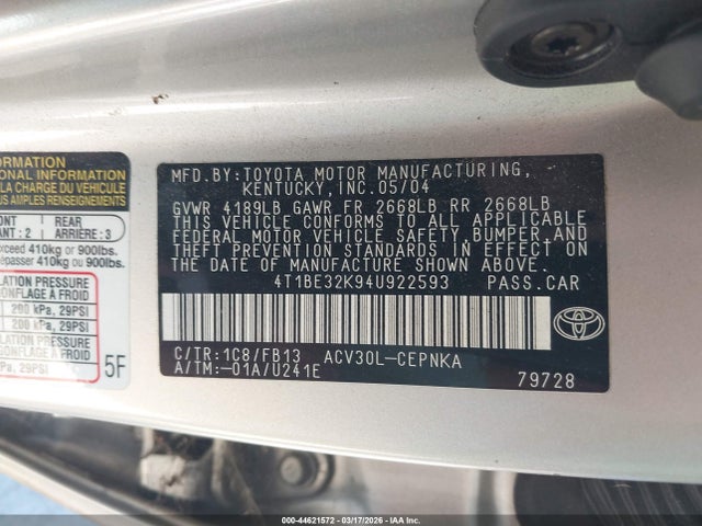 Auction sale of the 2004 Toyota Camry Le, vin: 4T1BE32K94U922593, lot number: 44621572