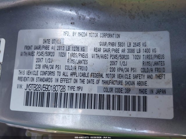 Aukcja sprzedaży 2009 Mazda Cx-9 Grand Touring, vin: JM3TB28V590180728, numer aukcji: 44621573