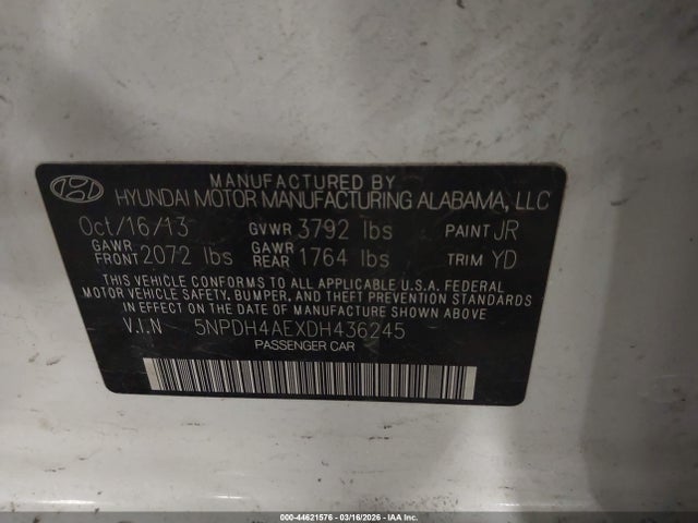 Aukcja sprzedaży 2013 Hyundai Elantra Limited, vin: 5NPDH4AEXDH436245, numer aukcji: 44621576