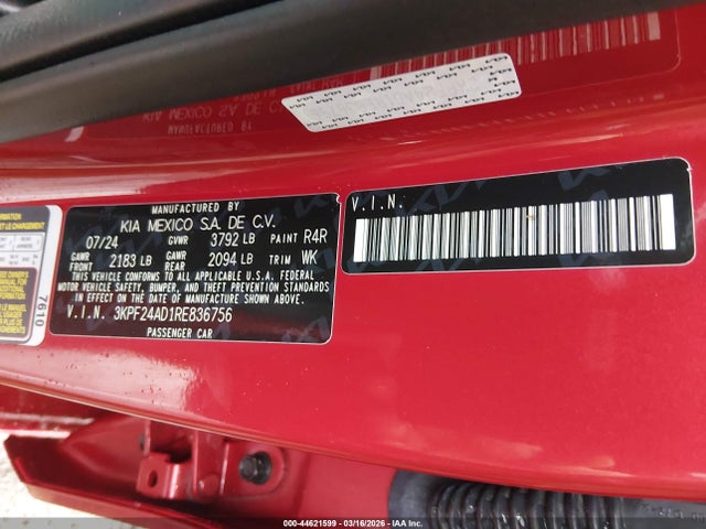 Aukcja sprzedaży 2024 Kia Forte Lxs, vin: 3KPF24AD1RE836756, numer aukcji: 44621599
