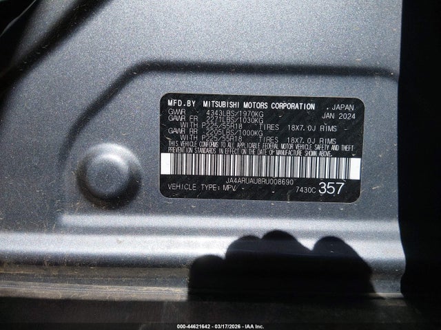 44621642 :رقم المزاد ، JA4ARUAU8RU008690 vin ، 2024 Mitsubishi Outlander Sport 2.0 Es Awc/2.0 Le Awc/2.0 Ralliart Awc/2.0 S Awc/2.0 Se Awc/2.0 Trail Edition Awc مزاد بيع