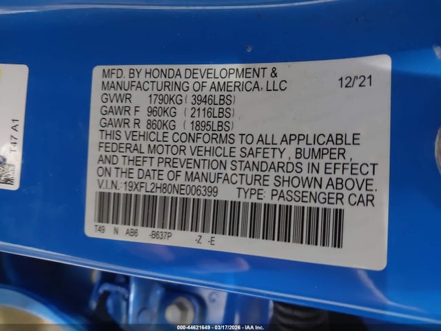 19XFL2H80NE006399 Honda Civic Sport