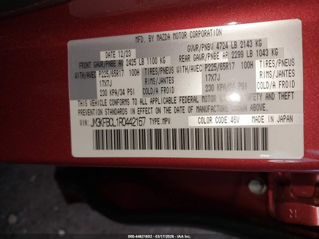 Aukcja sprzedaży 2024 Mazda Cx-5 2.5 S Preferred, vin: JM3KFBCL1R0442167, numer aukcji: 44621652