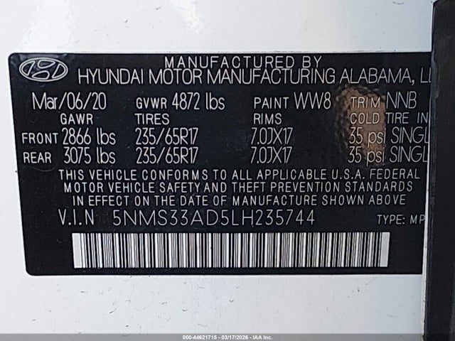 2020 Hyundai Santa Fe Sel მანქანა იყიდება აუქციონზე, vin: 5NMS33AD5LH235744, აუქციონის ნომერი: 44621715