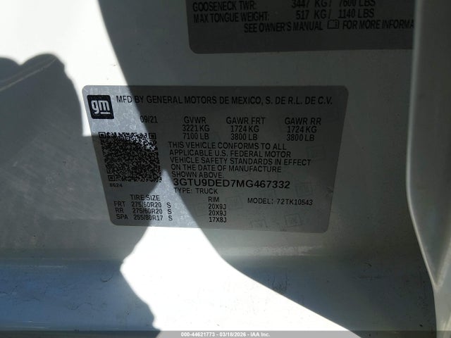 44621773 :رقم المزاد ، 3GTU9DED7MG467332 vin ، 2021 Gmc Sierra 1500 4wd  Short Box Slt مزاد بيع