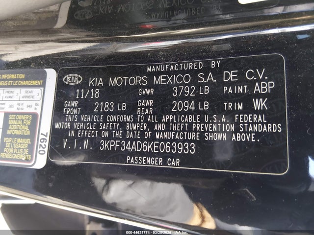 44621774 :رقم المزاد ، 3KPF34AD6KE063933 vin ، 2019 Kia Forte S مزاد بيع