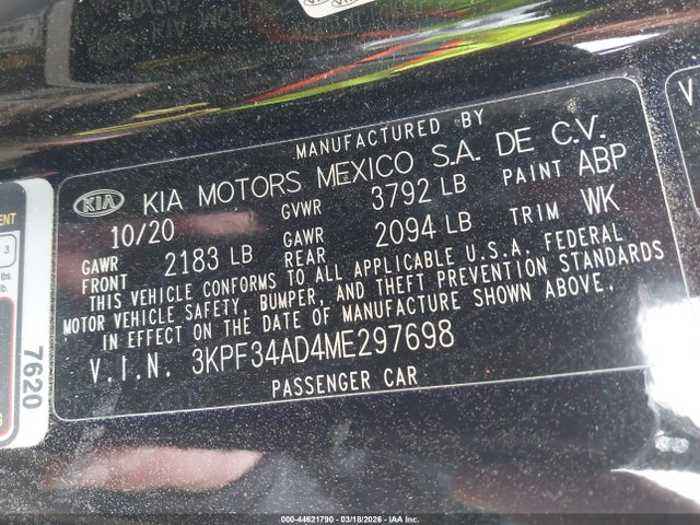 Продаж на аукціоні авто 2021 Kia Forte Gt-line, vin: 3KPF34AD4ME297698, номер лоту: 44621790