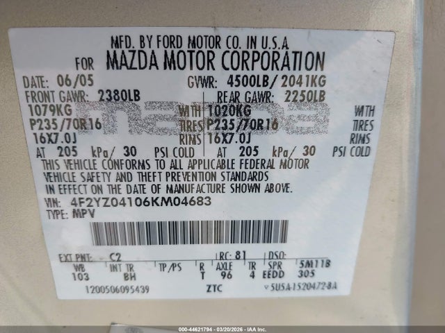 Aukcja sprzedaży 2006 Mazda Tribute S, vin: 4F2YZ04106KM04683, numer aukcji: 44621794
