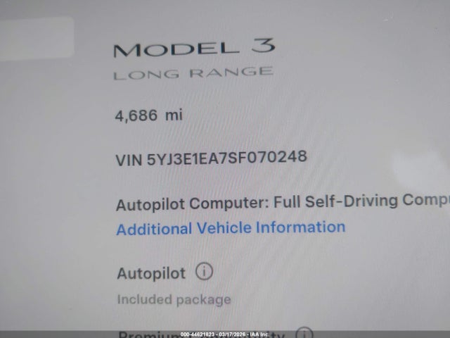Aukcja sprzedaży 2025 Tesla Model 3, vin: 5YJ3E1EA7SF070248, numer aukcji: 44621823