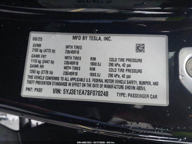 Aukcja sprzedaży 2025 Tesla Model 3, vin: 5YJ3E1EA7SF070248, numer aukcji: 44621823