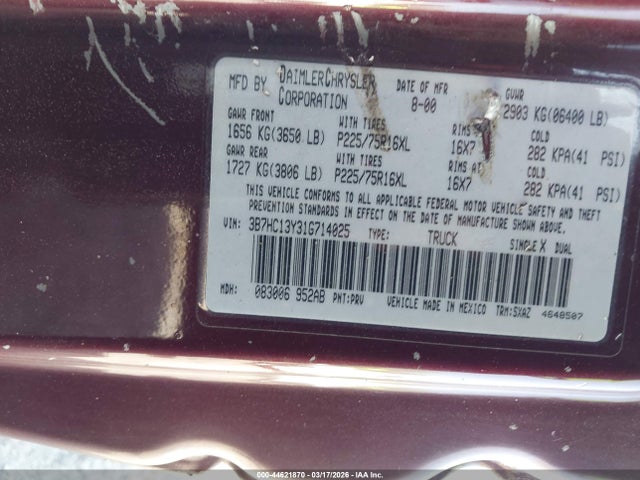 44621870 :رقم المزاد ، 3B7HC13Y31G714025 vin ، 2001 Dodge Ram 1500 St مزاد بيع