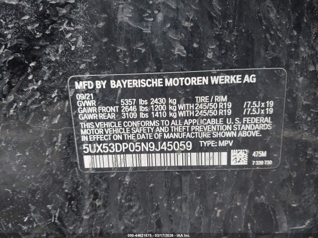 2022 Bmw X3 Xdrive30i მანქანა იყიდება აუქციონზე, vin: 5UX53DP05N9J45059, აუქციონის ნომერი: 44621875