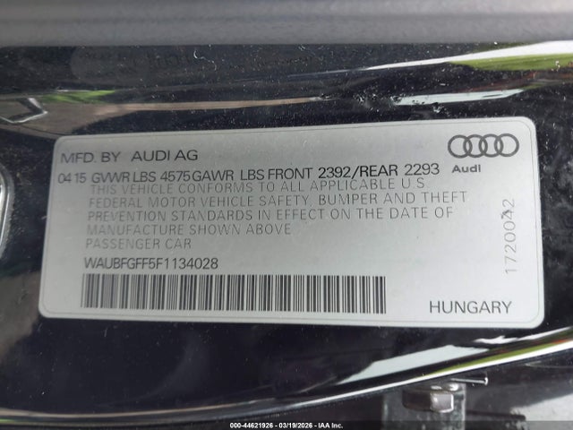 2015 Audi A3 2.0t Premium მანქანა იყიდება აუქციონზე, vin: WAUBFGFF5F1134028, აუქციონის ნომერი: 44621926