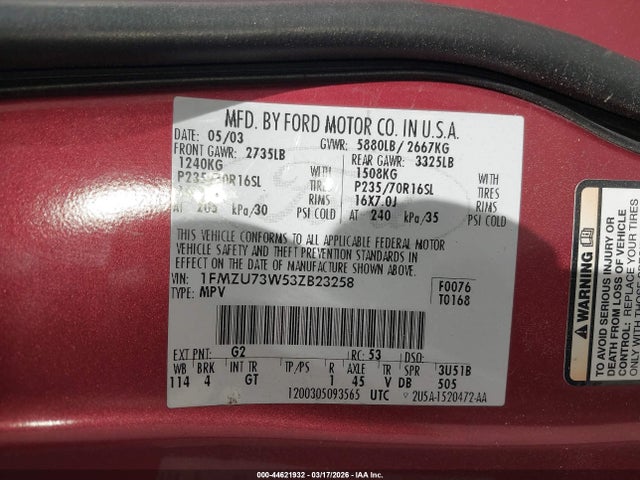 Продаж на аукціоні авто 2003 Ford Explorer Nbx/xlt, vin: 1FMZU73W53ZB23258, номер лоту: 44621932