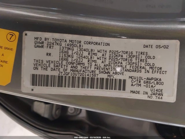 Aukcja sprzedaży 2002 Lexus Rx 300, vin: JTJGF10U720141587, numer aukcji: 44621944