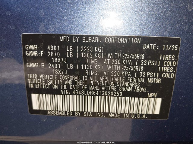Aukcja sprzedaży 2026 Subaru Forester Limited, vin: 4S4SLDR64T3020250, numer aukcji: 44621946
