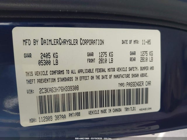 Продаж на аукціоні авто 2006 Chrysler 300c, vin: 2C3KA63H76H339308, номер лоту: 44621968