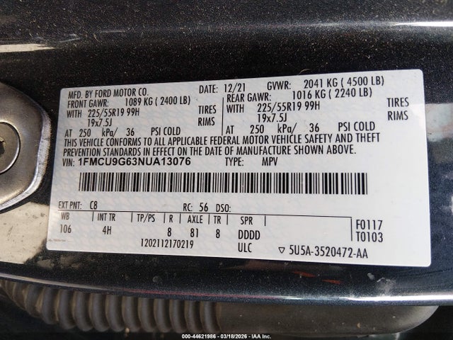 Aukcja sprzedaży 2022 Ford Escape Se, vin: 1FMCU9G63NUA13076, numer aukcji: 44621986