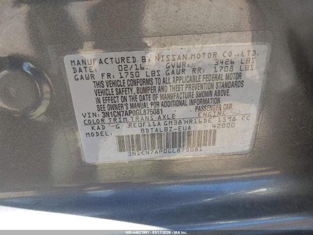 3N1CN7AP0GL875081 Nissan Versa 1.6 S/1.6 S+/1.6 Sl/1.6 Sv