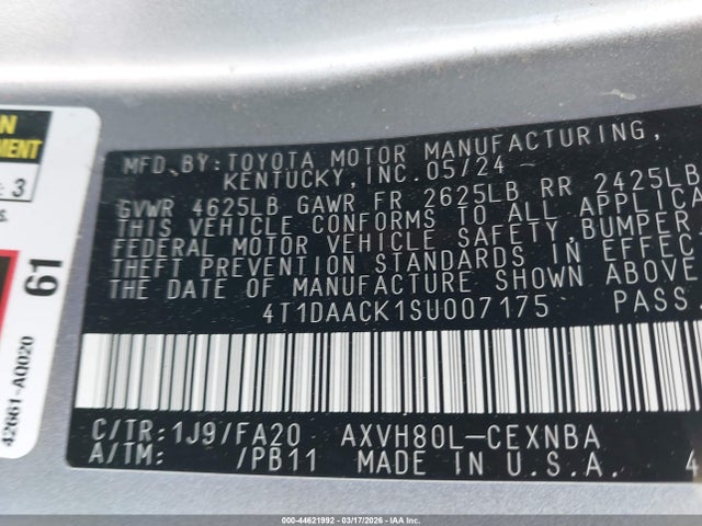 2025 Toyota Camry Le მანქანა იყიდება აუქციონზე, vin: 4T1DAACK1SU007175, აუქციონის ნომერი: 44621992