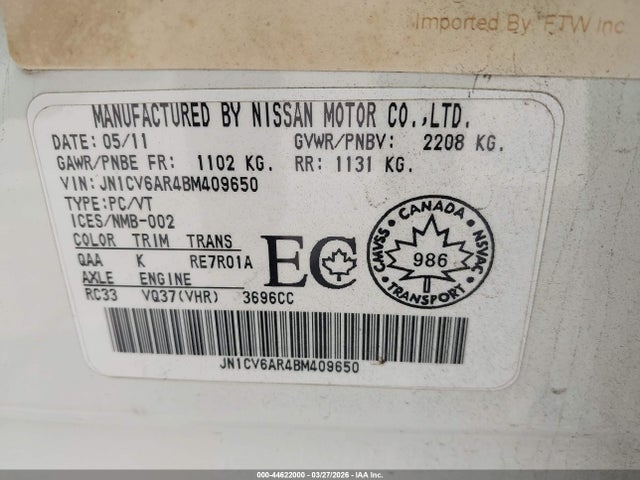 44622000 :رقم المزاد ، JN1CV6AR4BM409650 vin ، 2011 Infiniti G37x مزاد بيع