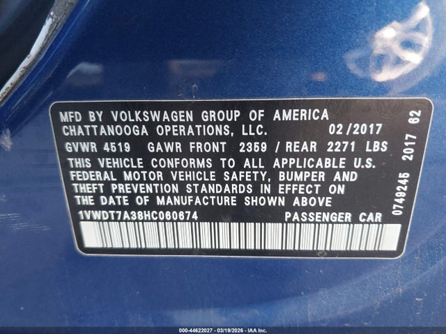 Продаж на аукціоні авто 2017 Volkswagen Passat 1.8t R-line, vin: 1VWDT7A38HC060674, номер лоту: 44622027