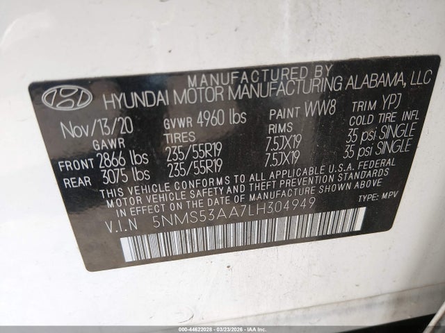44622028 :رقم المزاد ، 5NMS53AA7LH304949 vin ، 2020 Hyundai Santa Fe Limited 2.0t مزاد بيع