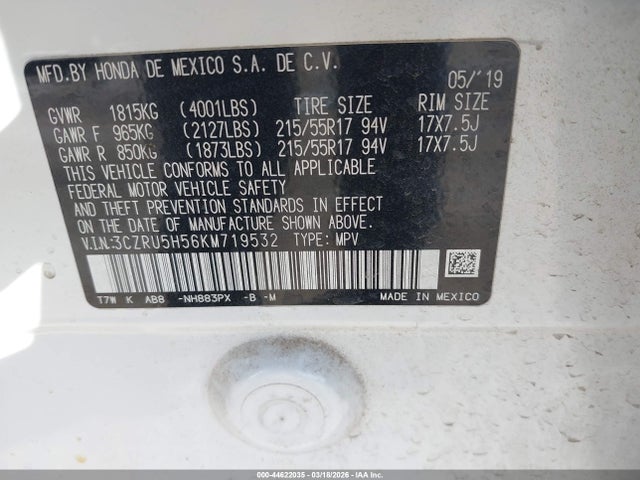 2019 Honda Hr-v Ex მანქანა იყიდება აუქციონზე, vin: 3CZRU5H56KM719532, აუქციონის ნომერი: 44622035