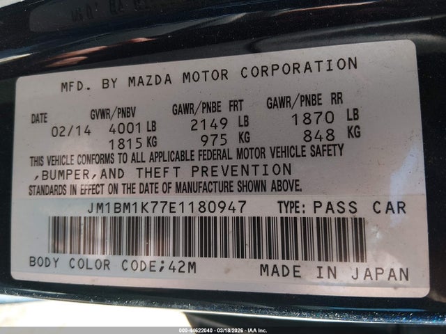 Aukcja sprzedaży 2014 Mazda Mazda3 I Sport, vin: JM1BM1K77E1180947, numer aukcji: 44622040
